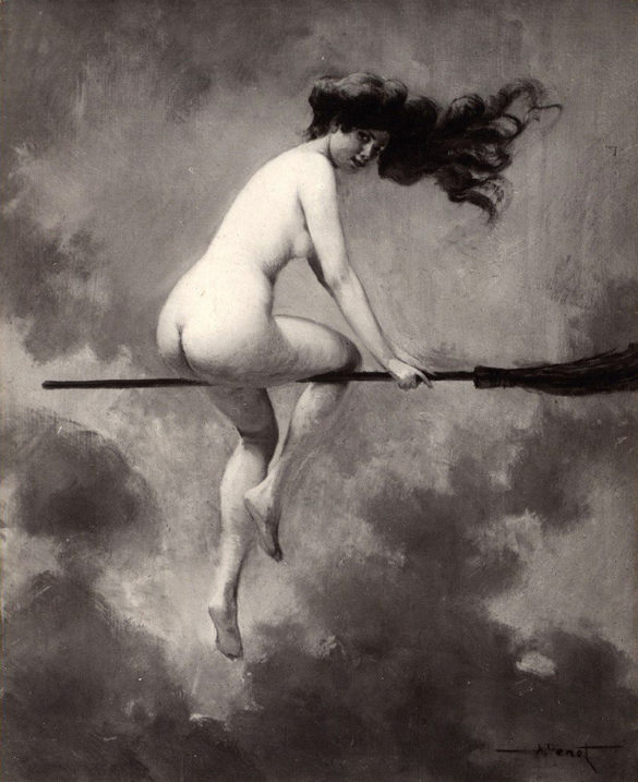 A witch riding naked on her broom