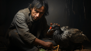 A martinmas goose being ready to be killed by a man on a doorstep