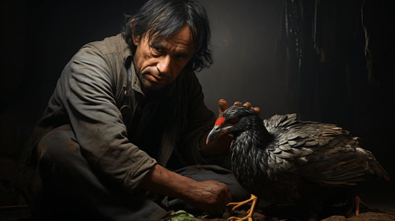 A martinmas goose being ready to be killed by a man on a doorstep