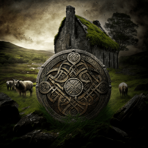 Scottish cultural appropriation - a building with a computer generated Celtic knot design on it in front one an old house with sheep 