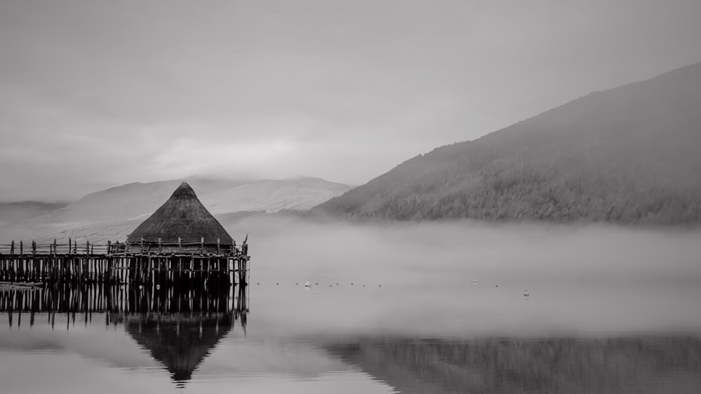 Scottish Crannog - Roundhouse in black and white